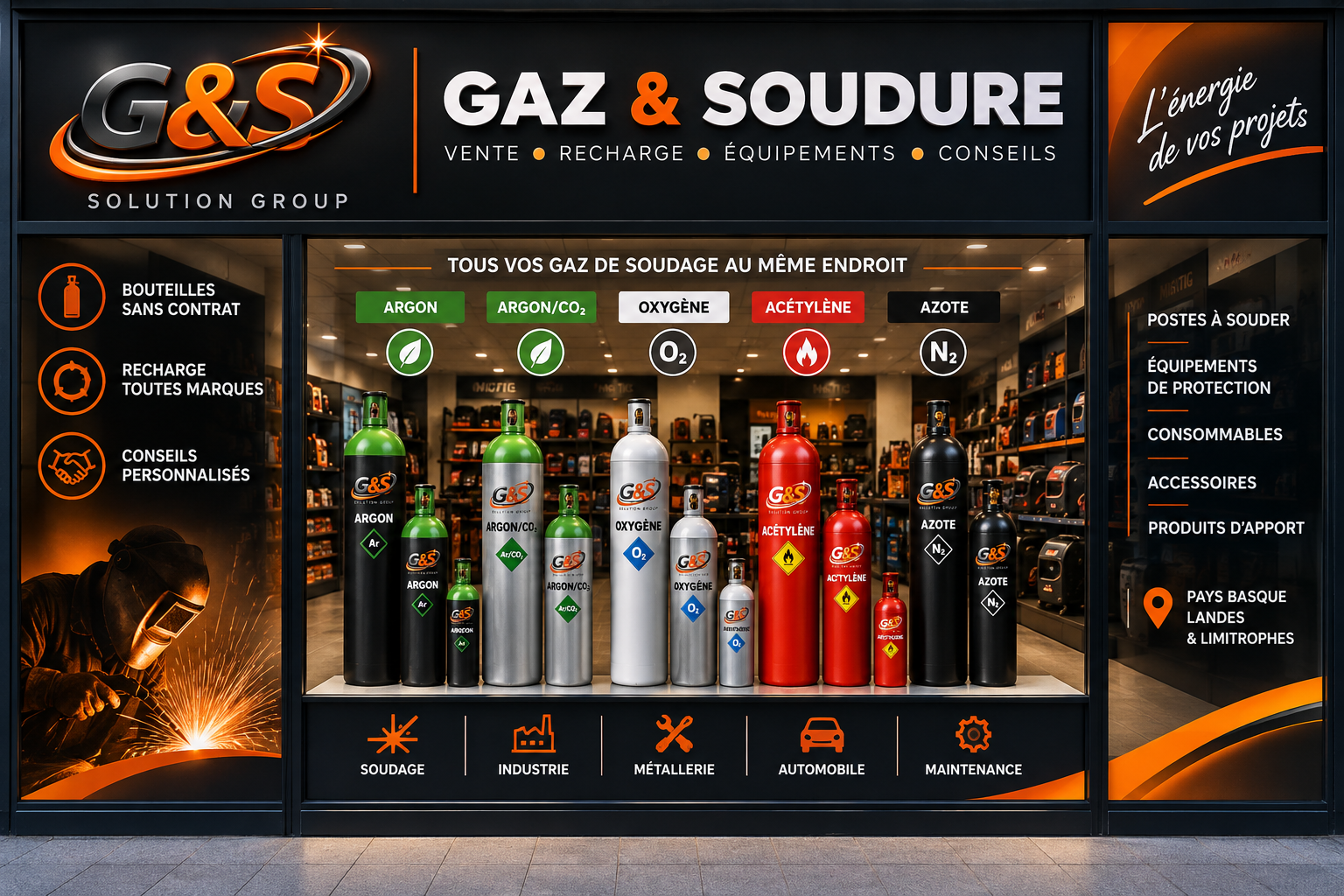 Vitrine G&S Gaz & Soudure : gamme complète de bouteilles de gaz (argon, argon/CO2, oxygène, acétylène, azote), services et secteurs d'activité